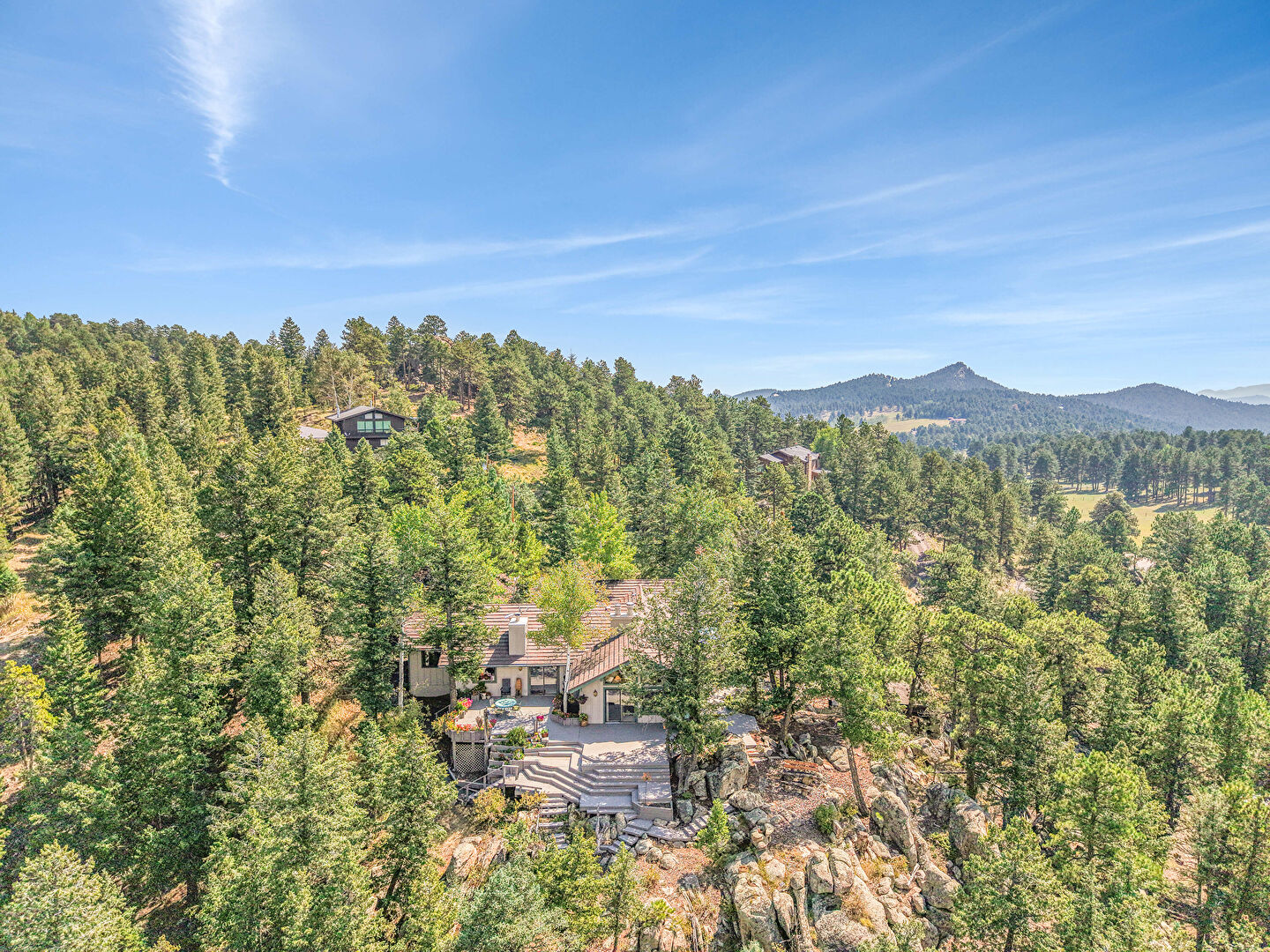 Aerial View at 25187 Stanley Park Road, Evergreen, CO 80439, listed by Pandora & John Erlandson, MLS ID: 3455396