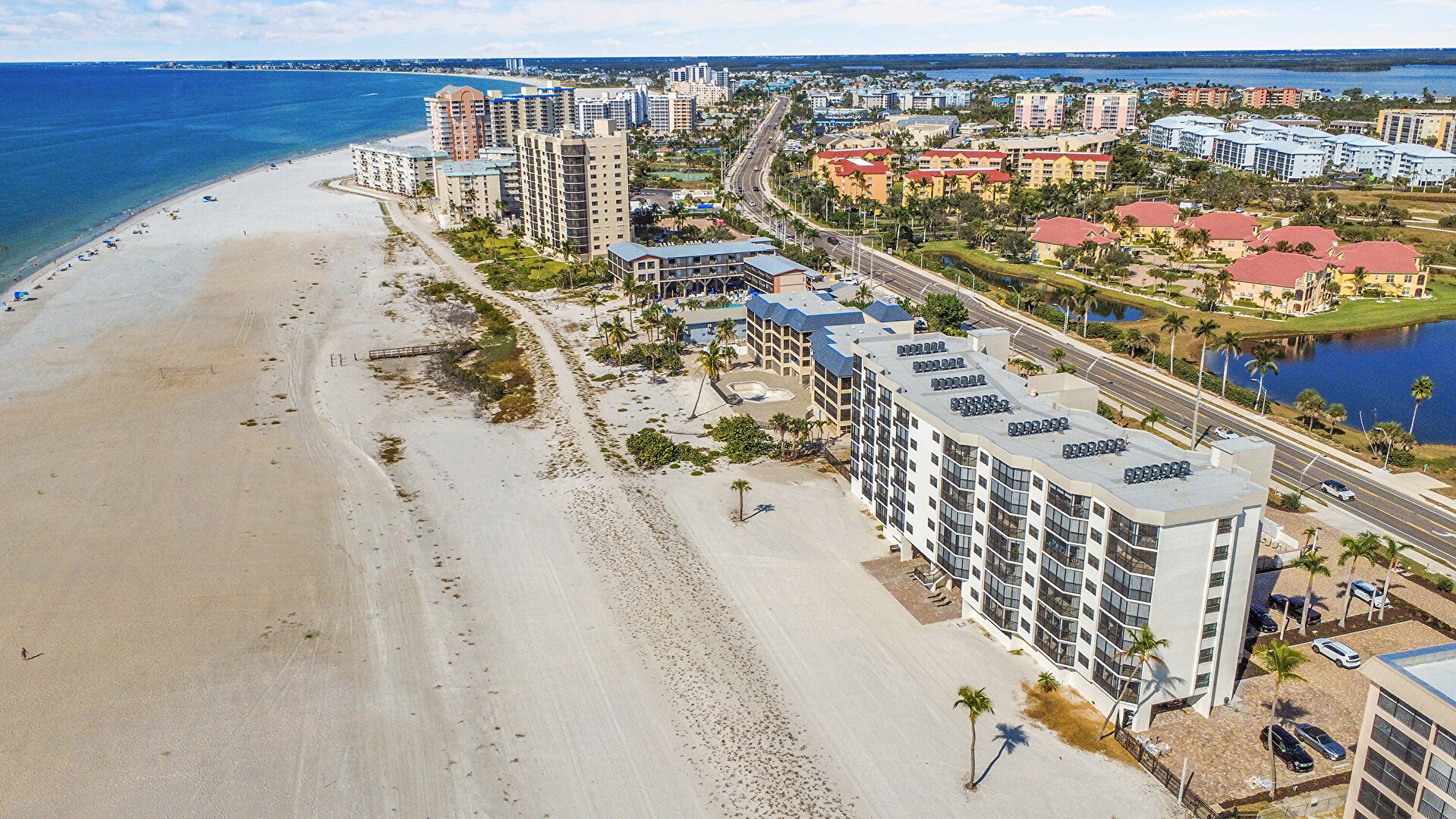 Aerial View at 7065 Estero Boulevard, unit 806, Fort Myers Beach, FL 33931, listed by Brett Crume