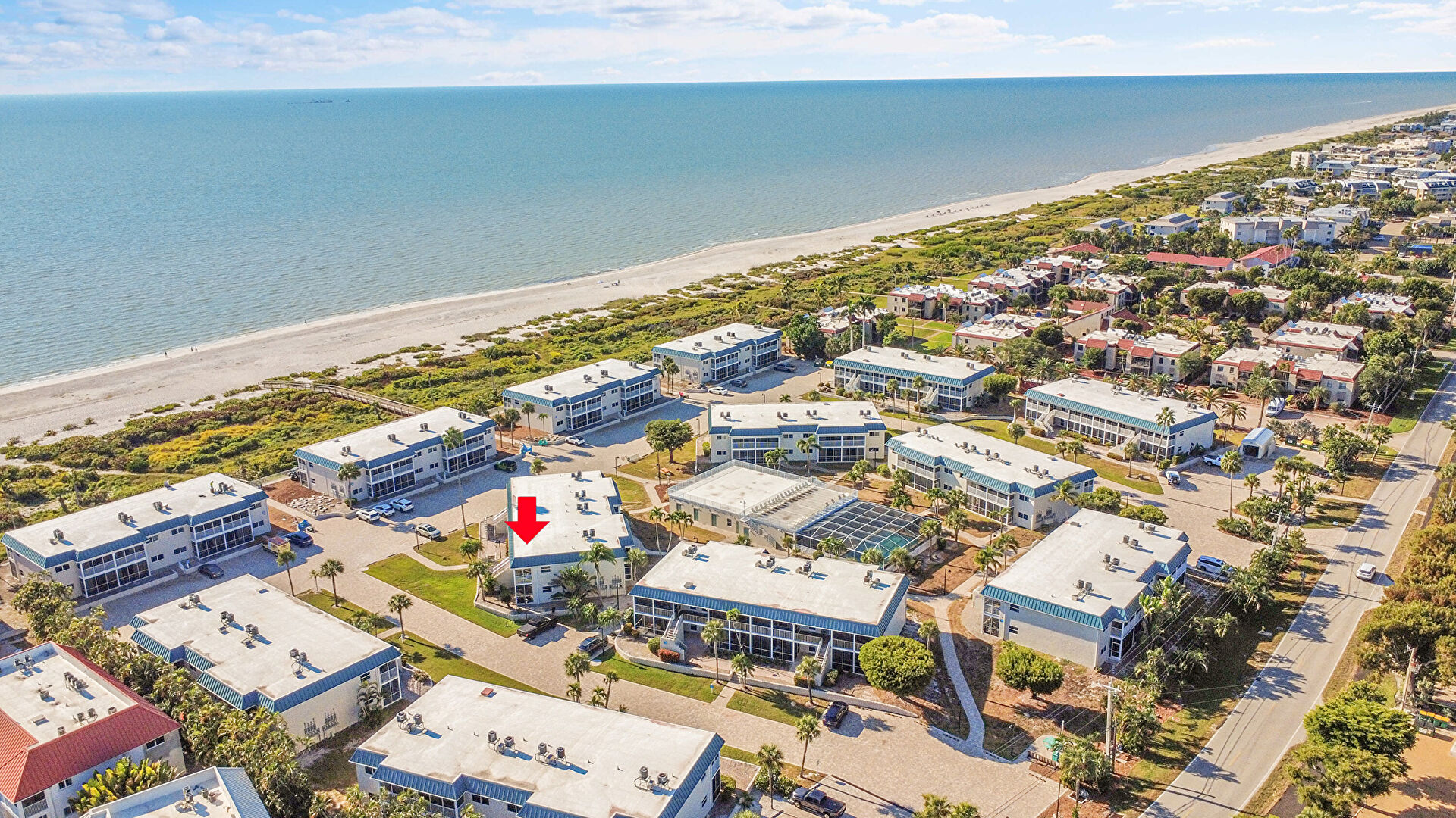 Aerial View at 827 East Gulf Drive #K8, Sanibel, FL 33957, listed by Patricia Geer, MLS ID: 2025023558