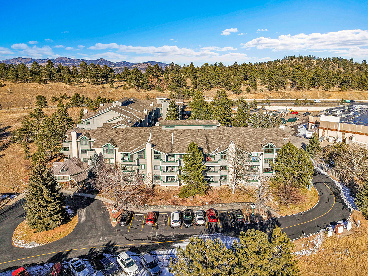 Aerial View at 31719 Rocky Village Drive, Unit 321, Evergreen, CO 80439, listed by Victoria Merchant