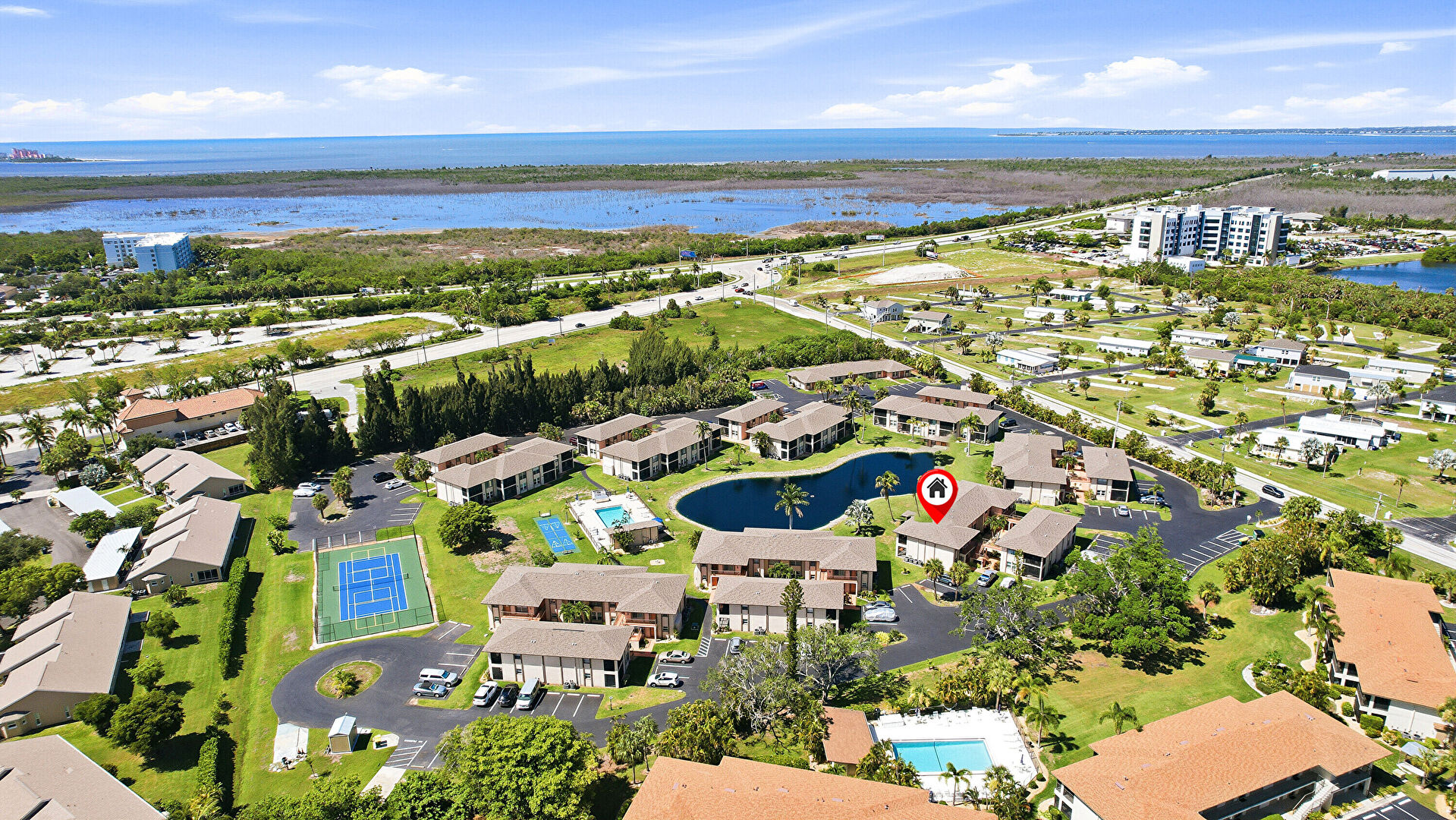 Aerial View at 16881 Davis Road, #313, Fort Myers, FL 33908, listed by Betty Leathers, MLS ID: 2026031071